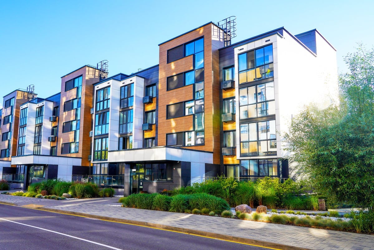 Modern residential building with landscaping